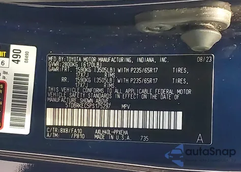 2023 Toyota Sienna Le z USA, uszkodzony, nr VIN 5TDBRKEC5PS175297